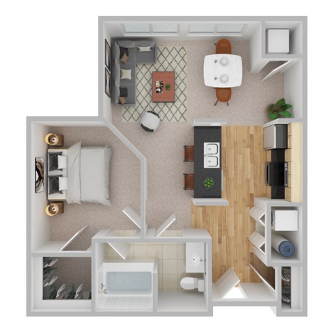Floor plan for 1 bed, 1 bath, 709 sqft